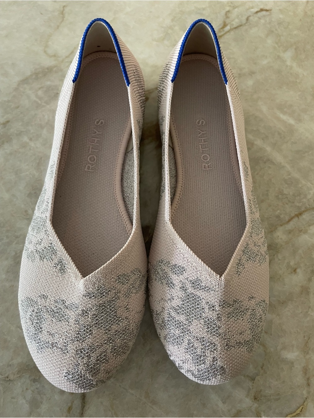 Rothy's Women's Pale Pink Knit Flats with Blue Heel Trim